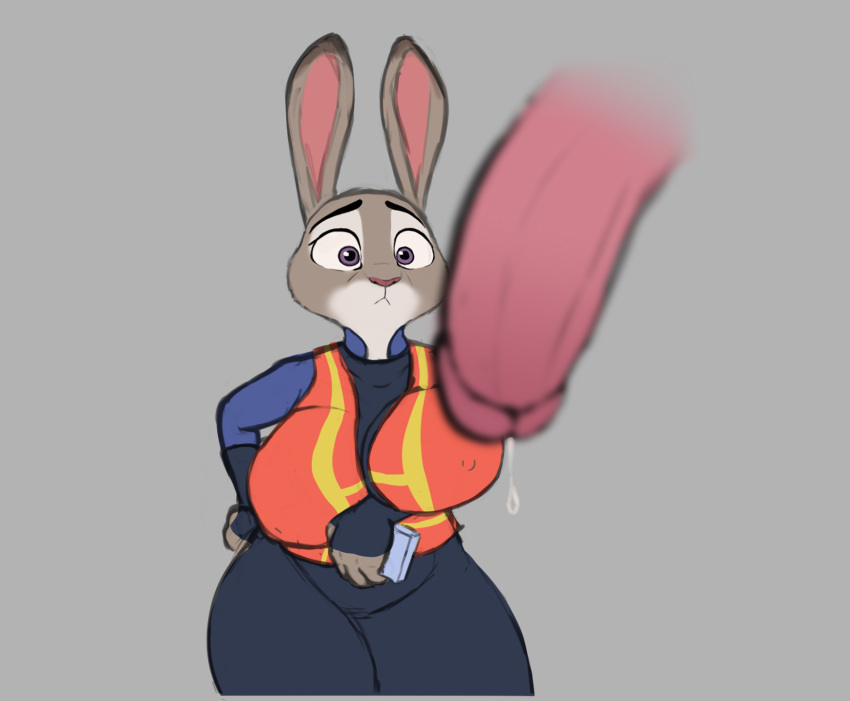 anthro big_breasts bodily_fluids breasts clothed clothing disney female fur genital_fluids genitals grey_background grey_body grey_fur hi_res huge_breasts judy_hopps lagomorph leporid looking_at_genitalia looking_at_penis male mammal mr_dark_and nipple_outline penis precum rabbit simple_background zootopia