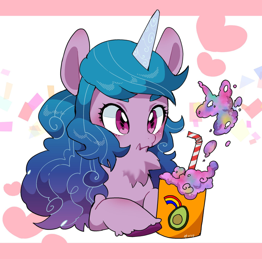 2021 abstract_background absurd_res beverage blue_hair blue_mane blush container cup digital_media_(artwork) equid equine eyelashes female feral fur hair hasbro hi_res hooves horn izzy_moonbow_(mlp) mammal mane mlp_g5 my_little_pony potetecyu_to purple_body purple_eyes purple_fur straw unicorn