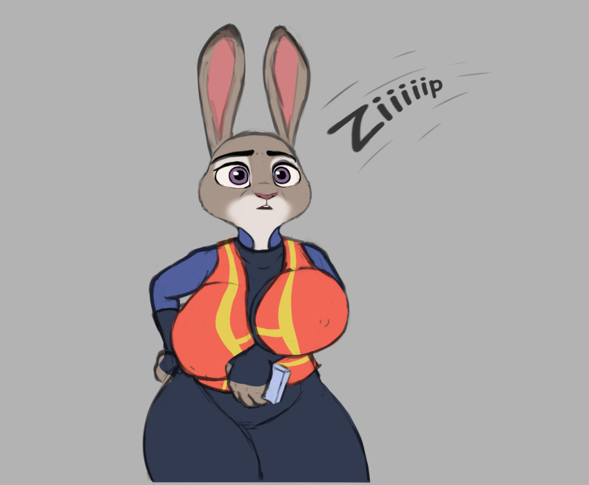 anthro big_breasts breasts clothed clothing disney female fur grey_background grey_body grey_fur hi_res huge_breasts judy_hopps lagomorph leporid mammal mr_dark_and nipple_outline rabbit simple_background zootopia