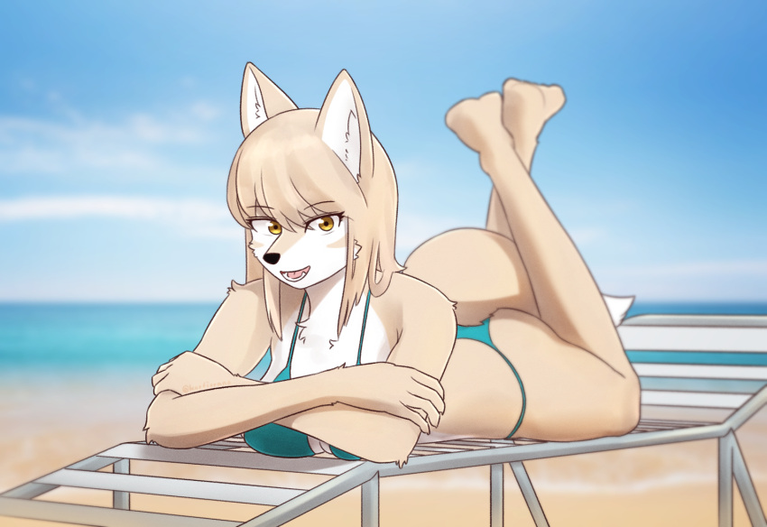 16:11 5_fingers anthro beach bikini breasts butt canid canine chair clothed clothing cloud crossed_arms crossed_legs digital_media_(artwork) female fingers fox fur furniture green_bikini green_clothing green_swimwear hair hi_res inner_ear_fluff kemono korfiorano looking_at_viewer lounge_chair lying mammal multicolored_body multicolored_fur on_front open_mouth sea seaside sky smile solo swimwear tan_body tan_fur teeth tongue tuft water white_body white_fur yellow_eyes