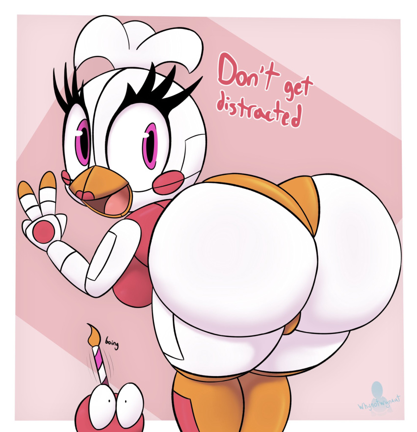 2022 animatronic anthro avian beak bent_over big_butt bird breasts butt chicken clothed clothing cupcake_(fnaf) dialogue digital_media_(artwork) duo english_text eyelashes female five_nights_at_freddy's freddy_fazbear's_pizzeria_simulator funtime_chica_(fnaf) galliform gallus_(genus) gesture hi_res huge_butt looking_at_viewer looking_back machine motion_lines multicolored_body onomatopoeia phasianid pink_body presenting presenting_hindquarters rear_view robot rosy_cheeks scottgames shaded side_boob signature simple_background smile solo_focus sound_effects text thick_thighs tongue two_tone_body v_sign video_games white_body whynotwynaut wide_hips