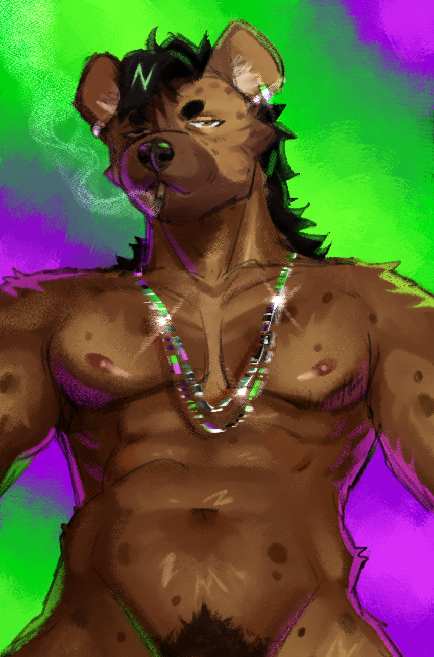 abs anthro black_body black_fur black_hair body_hair brown_body brown_eyes brown_fur chain cigar_smoke cigarette cigarette_in_mouth clothed clothing ear_piercing ear_ring fur hair happy_trail hi_res hyaenid jewelry male mammal muscular muscular_anthro muscular_male nipples nude oopsitsnolansfw pecs piercing smoking solo solo_focus solo_in_panel spots spotted_body spotted_fur spotted_hyena v-cut