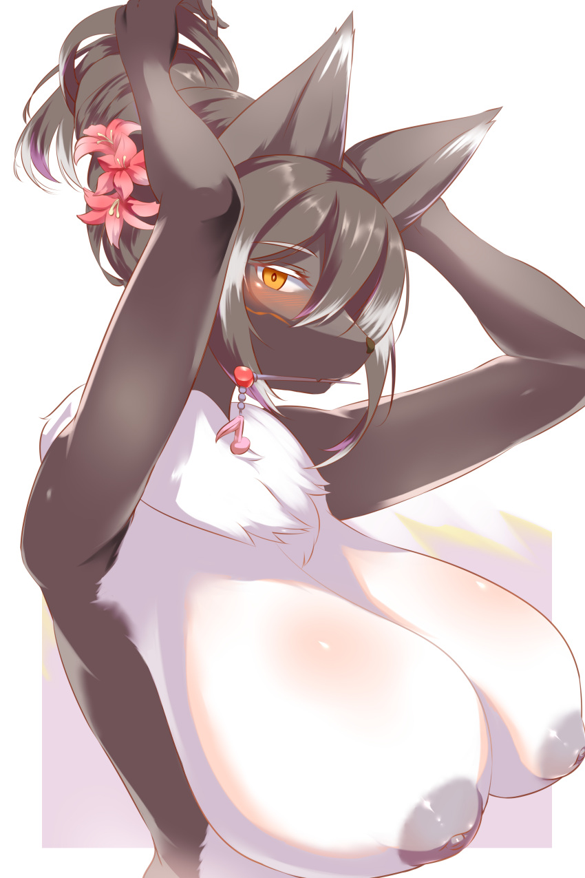 2022 2:3 absurd_res anthro areola big_breasts blush breasts bust_portrait canid canine chest_tuft female fluffy fur ginko0101 grey_body grey_fur grey_hair hair hi_res huge_breasts inverted_nipples kemono looking_at_viewer mammal multicolored_body multicolored_fur nipples nude portrait solo tuft two_tone_body two_tone_fur white_body white_fur yellow_eyes