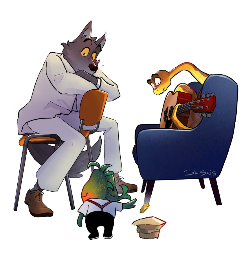 &lt;3 aloha_shirt anthro blush canid canine canis chair clothed clothing coin_toss colored dreamworks feral fish fur furniture group guitar hat headgear headwear hi_res male mammal marine mr._piranha_(the_bad_guys) mr._snake_(the_bad_guys) mr._wolf_(the_bad_guys) musical_instrument pattern_clothing pattern_shirt pattern_topwear piranha_(fish) plucked_string_instrument reptile scales scalie serrasalmid shirt sik_skis simple_background snake string_instrument tail_motion tailwag the_bad_guys topwear wolf