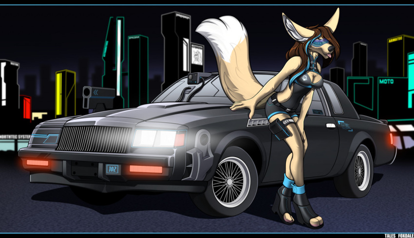 2022 anthro black_nose breasts brown_hair buick buick_grand_national canid canine car city clothed clothing cyberpunk detailed_background digital_media_(artwork) domestic_cat eyewear feet felid feline felis female fennec fingers fox fur glasses hair mammal neon night outside solo tales_foxdale tan_body tan_fur toes tongue tongue_out vehicle white_body white_fur