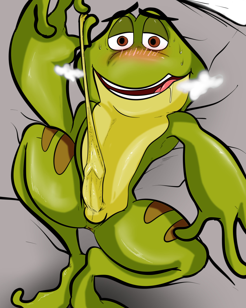 4:5 absurd_res amphibian anthro anus balls blush bodily_fluids disney drooling erection foreskin foreskin_play foreskin_pull frog genitals hi_res illegaleel long_foreskin looking_pleasured male masturbation penis prince_naveen saliva solo sweat the_princess_and_the_frog