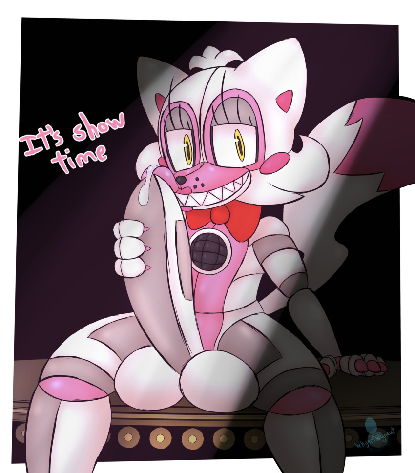 2022 4_fingers animatronic anthro balls big_balls big_eyes big_penis black_nose bodily_fluids bow_tie canid canine claws dialogue digital_media_(artwork) dripping english_text erection eyelashes fingers five_nights_at_freddy's fox funtime_foxy_(fnaf) genital_fluids genitals glans grey_body hand_on_own_penis hand_on_penis hi_res holding_penis huge_balls huge_penis humanoid_genitalia humanoid_penis long_eyelashes machine male mammal multicolored_body nude penis pink_body pink_glans precum precum_drip presenting presenting_penis robot rosy_cheeks scottgames shaded signature simple_background sitting smile solo teeth text video_games white_body whynotwynaut yellow_eyes