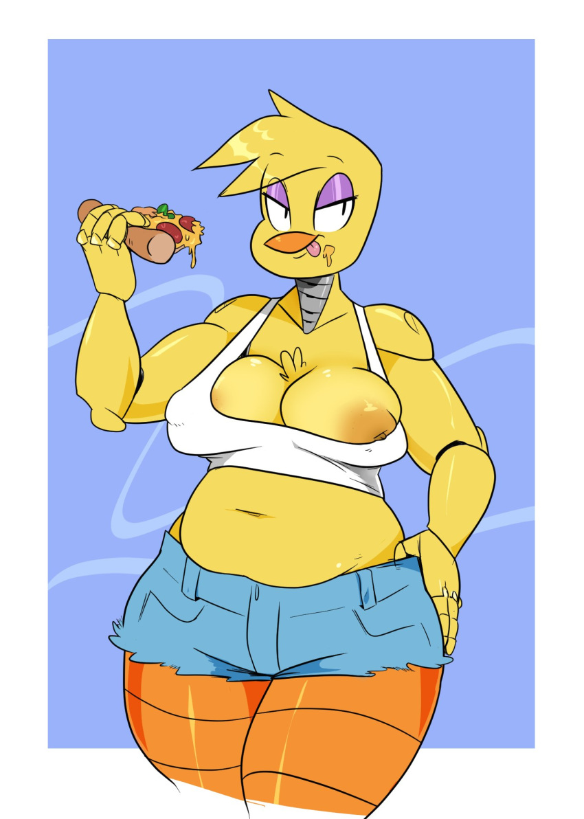 2022 animatronic anthro areola areola_slip avian beak big_breasts bird blue_background bottomwear breasts cassette_spicy chest_tuft chica_(fnaf) chicken cleavage clothed clothing crop_top digital_media_(artwork) doll_joints eyeshadow feathers female five_nights_at_freddy's food food_on_face galliform gallus_(genus) hand_on_hip hi_res holding_food holding_object hotpants licking machine makeup navel nipple_outline nipple_slip nipples non-mammal_breasts non-mammal_nipples orange_areola orange_nipples phasianid pizza pizza_slice purple_eyeshadow robot scottgames self_lick shirt shorts simple_background slightly_chubby solo thick_thighs tongue tongue_out topwear tuft video_games white_crop_top wide_hips yellow_body yellow_feathers