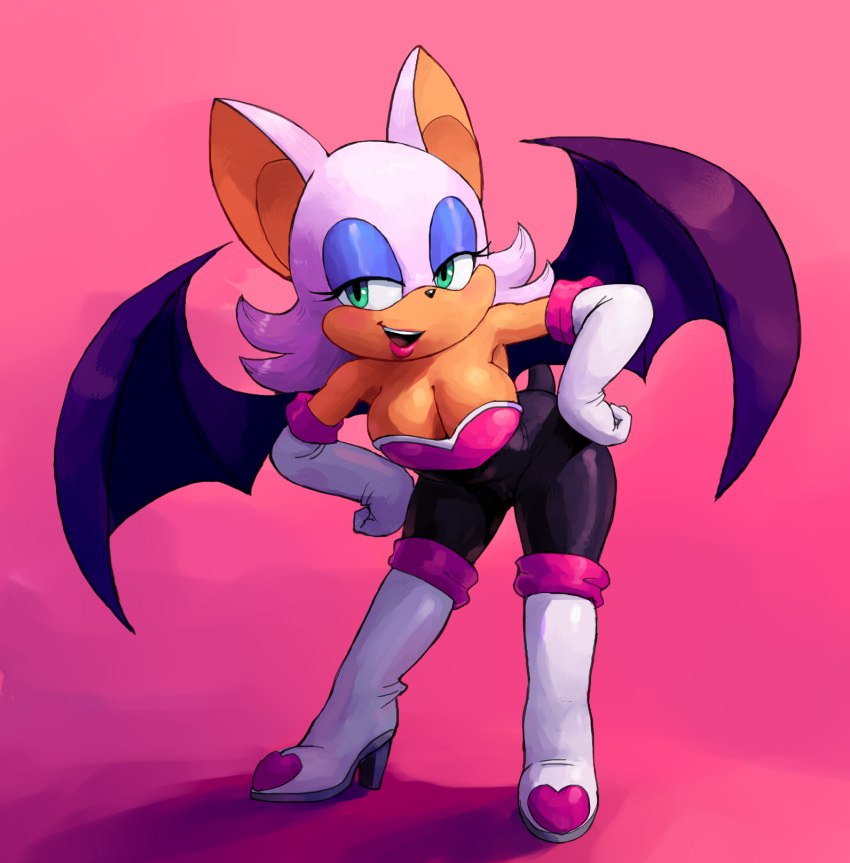 anthro bat_wings big_breasts boots breasts chiropteran cleavage clothed clothing eyeshadow female footwear gloves green_eyes hair handwear hi_res lipstick looking_at_viewer makeup mammal membrane_(anatomy) membranous_wings open_mouth outta_sync pink_background rouge_the_bat sega simple_background smile solo sonic_the_hedgehog_(series) tan_body tan_skin video_games white_hair wings