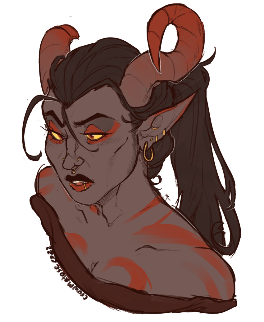 antra_shallowsong(oc) bard concubus crowmatose demon dungeons_and_dragons ear_piercing facial_piercing hair hasbro hi_res horn humanoid lip_piercing lipstick makeup male markings medusa_piercing nose_piercing piercing ponytail rogue septum_piercing solo succubus tattoo wizards_of_the_coast yellow_eyes