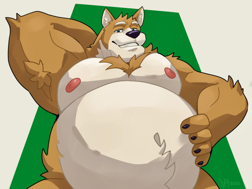 4:3 anthro belly belly_grab big_belly big_muscles canid canine canis hi_res jayxoxo low-angle_view male mammal muscular navel nipples pecs rulf(solitaryhyena) smile solo teeth_showing wolf