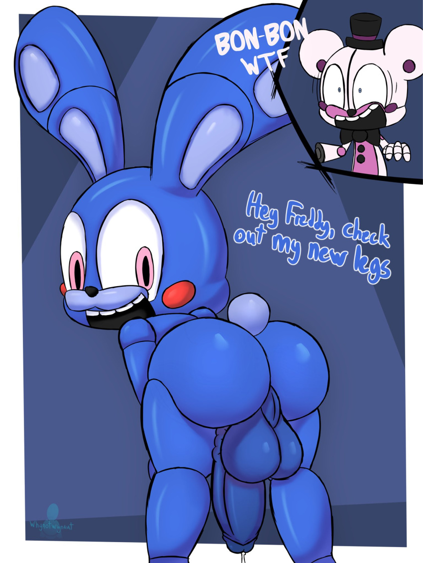 2022 3:4 animatronic anthro backsack balls bent_over big_balls big_butt big_eyes big_head big_penis black_nose blue_body bodily_fluids bow_tie butt clothing comic_panel dialogue digital_media_(artwork) dripping duo english_text five_nights_at_freddy's flaccid funtime_freddy_(fnafsl) genital_fluids genitals glans hands_on_knees hands_on_own_knees hat headgear headwear hi_res huge_penis humanoid_genitalia humanoid_penis lagomorph leporid looking_at_viewer looking_back machine male mammal motion_lines multicolored_body nude open_mouth penis pink_body pink_eyes precum precum_drip presenting presenting_balls presenting_hindquarters puppet_bonnie_(fnafsl) rabbit robot rosy_cheeks scottgames shaded signature simple_background sister_location smile solo_focus teeth text two_tone_body ursid vein veiny_penis video_games white_body whynotwynaut