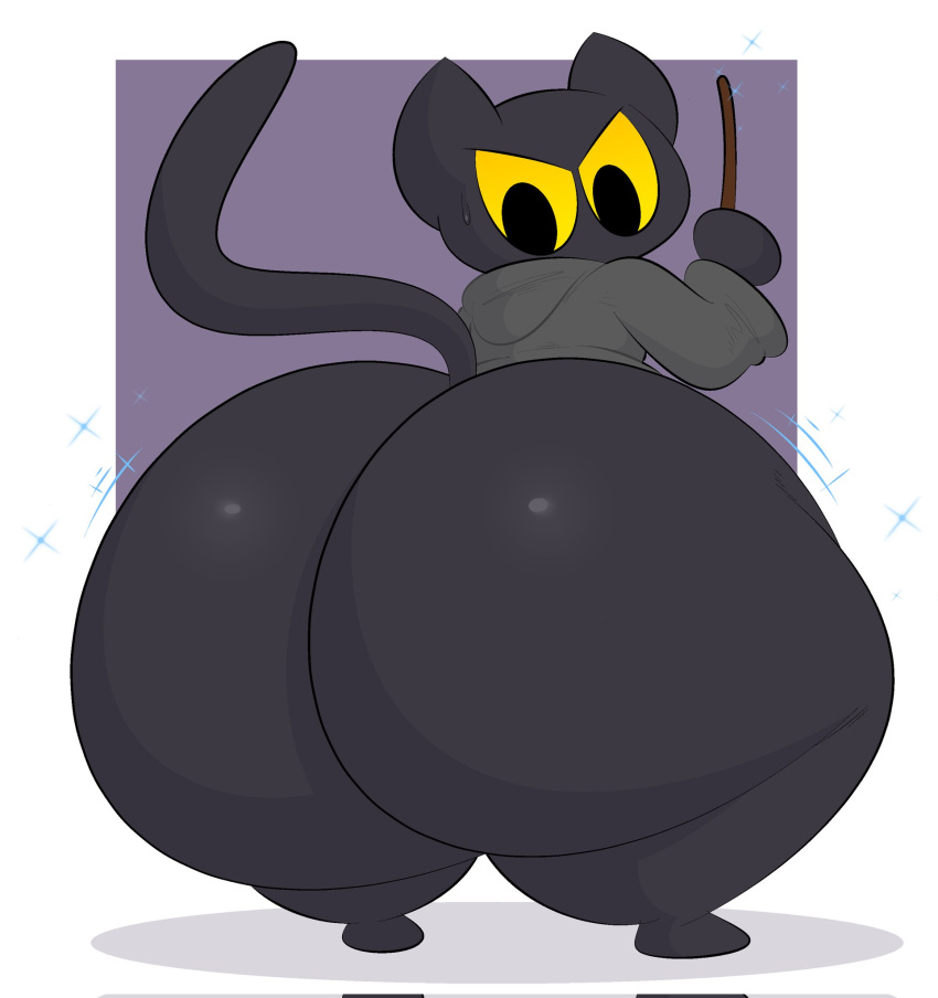 2022 angry anthro big_butt black_body black_fur bodily_fluids bottomless butt butt_expansion clothed clothing digital_media_(artwork) domestic_cat ekkokenight expansion felid feline felis female fur google google_doodle hi_res huge_butt hyper hyper_butt looking_back magic_cat_academy magic_user mammal momo_(google) mouthless robe simple_background solo sweat thick_thighs yellow_sclera
