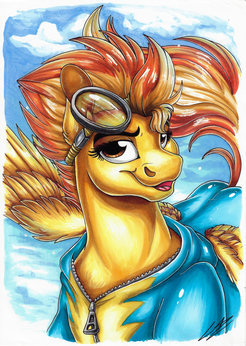 absurd_res brown_eyes clothing equid equine eyewear feathered_wings feathers female feral friendship_is_magic fur goggles hair hasbro hi_res lupiarts mammal my_little_pony orange_hair pegasus skinsuit spitfire_(mlp) tight_clothing wings wonderbolts_(mlp) yellow_body yellow_fur zipper