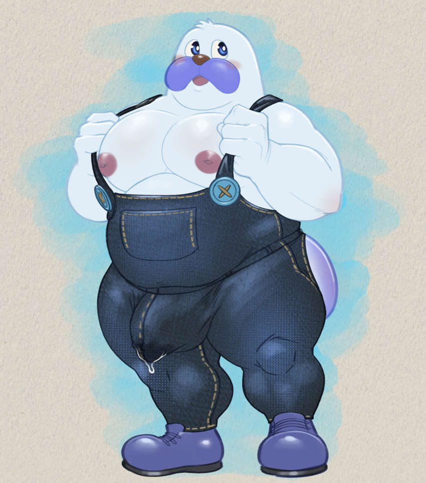 anthro big_bulge big_pecs blue_eyes blush bodily_fluids boots bulge clothing footwear genital_fluids grey_background hi_res hunnipanda male mammal marine mr._frosty_(kirby) musclegut muscular muscular_male overalls pecs pinniped precum simple_background solo walrus white_body