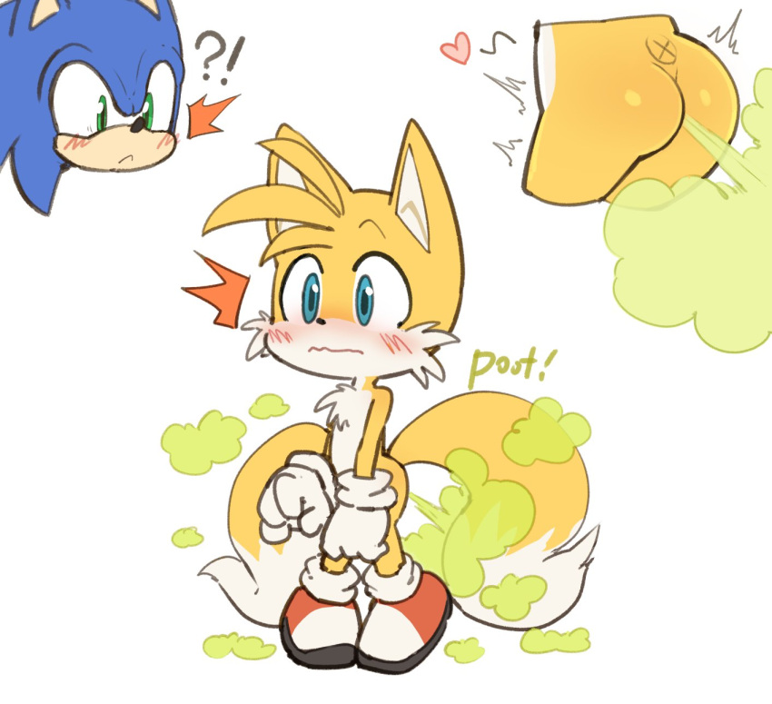 accident anthro blush butt canid canine duo embarrassed eulipotyphlan fart fart_cloud fart_fetish fox hedgehog hi_res male male/male mammal miles_prower riroburo sega sonic_the_hedgehog sonic_the_hedgehog_(series)