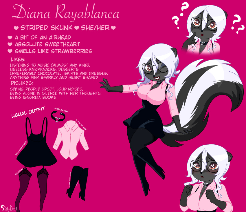 &lt;3 &lt;3_eyes 2022 absurd_res anthro biped black_body black_fur black_nose blush boots bottomwear breasts brown_eyes chest_tuft choker clothed clothing collared_shirt countershade_fur countershade_torso countershading diana_rayablanca english_text eyeshadow eyewear female footwear fur glasses grey_body grey_countershading grey_fur hair heart_choker hi_res high_heeled_boots high_heels jewelry legwear lipstick looking_at_viewer makeup mammal markings mephitid model_sheet multiple_images necklace one_eye_closed pink_background purple_eyeshadow red_lipstick signature simple_background skeletonguys-and-ragdolls skirt skunk solo stockings striped_body striped_fur striped_markings striped_tail stripes tail_markings text tuft white_body white_fur white_hair wink