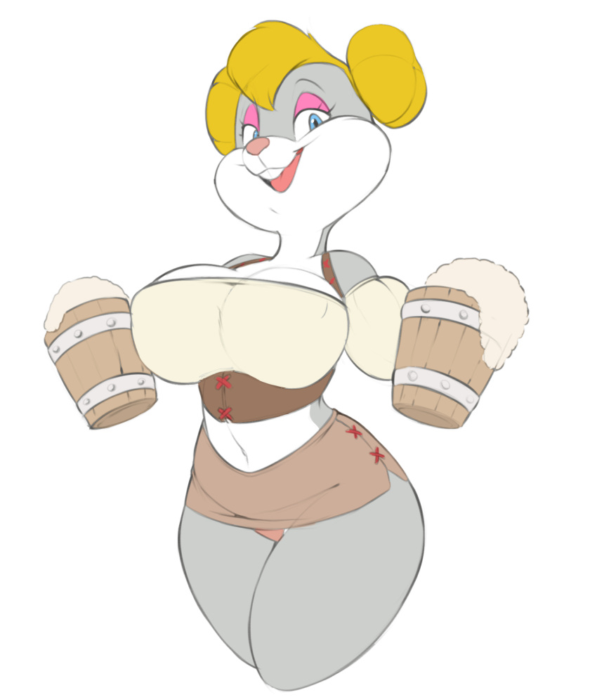 alcohol anthro beer beer_mug berri beverage big_breasts blonde_hair bottomwear breasts buckteeth cleavage clothed clothing conker's_bad_fur_day eyeshadow female hair hair_buns hi_res makeup midriff navel pink_eyeshadow rareware skirt solo teeth thick_thighs usnarbit video_games