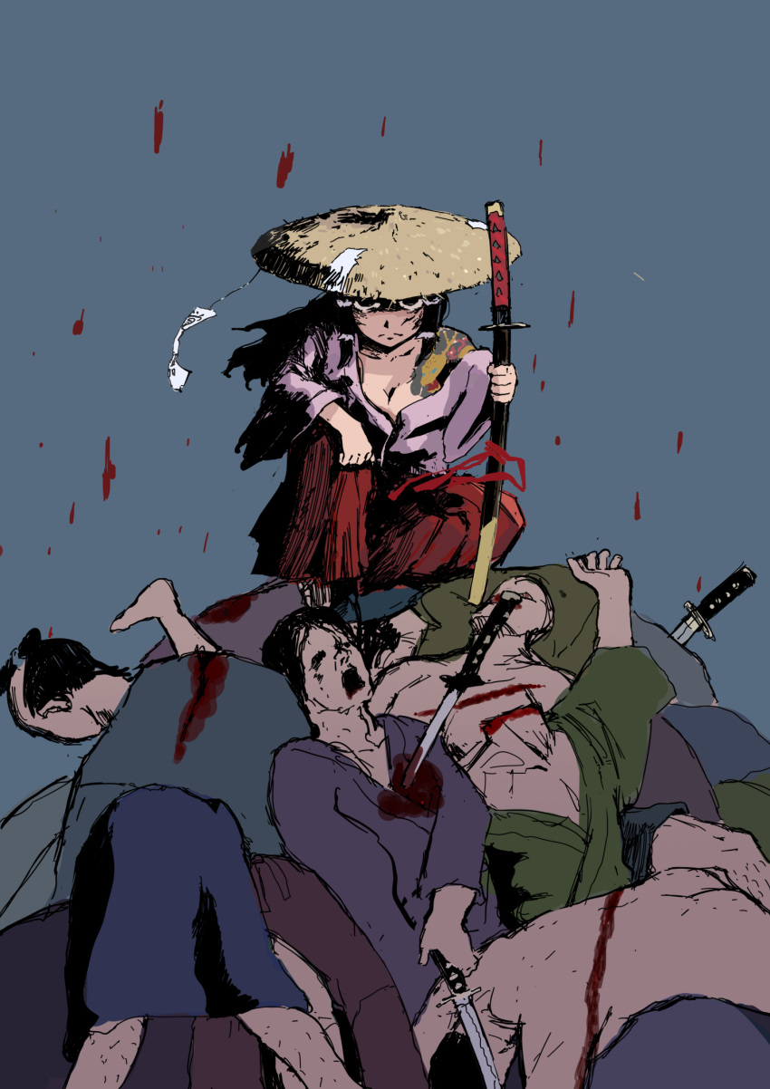 1girl 6+boys after_battle alternate_costume black_hair blood blue_background closed_mouth commentary_request cookie_(touhou) death full_body hakama hakama_skirt hakurei_reimu hat highres holding holding_sword holding_weapon japanese_clothes katana kimono long_hair looking_at_viewer multiple_boys pile_of_corpses pink_kimono red_skirt rice_hat rurima_(cookie) satodesu_cookie serious shaded_face sheath sheathed skirt sword topknot touhou weapon