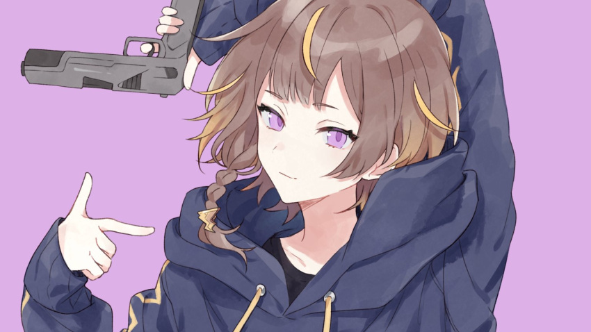 1girl anya_melfissa black_hoodie black_shirt blonde_hair braid brown_hair collarbone english_commentary eyebrows_visible_through_hair finger_gun finger_on_trigger gun handgun holding holding_gun holding_weapon hololive hololive_indonesia hood hoodie pistol portrait purple_background purple_eyes riri_zuran shamer_(vocaloid) shirt short_hair side_braid smile solo virtual_youtuber weapon