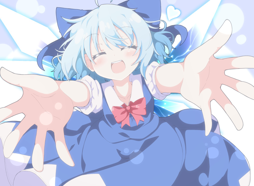 1girl :d ^_^ bangs blue_skirt blue_vest bow bowtie cirno closed_eyes commentary_request do_(4-rt) eyebrows_visible_through_hair facing_viewer foreshortening hair_bow heart highres ice ice_wings incoming_hug large_bow light_brown_hair open_mouth outstretched_arms red_bow red_bowtie shirt short_hair short_sleeves skirt skirt_set smile solo touhou vest white_shirt wings