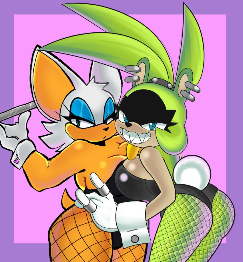 absurd_res afrosoricid anthro big_breasts breasts bunny_costume chiropteran cleavage clothed clothing costume duo female hi_res mammal maniacxvii rouge_the_bat sega sonic_the_hedgehog_(series) surge_the_tenrec tenrec
