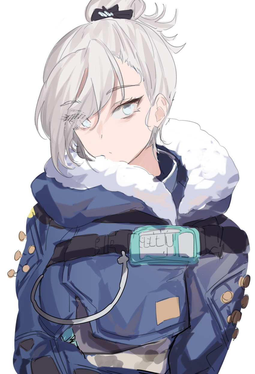 1girl apex_legends bangs blue_eyes blue_jacket cable eyebrows_visible_through_hair fur_trim hair_behind_ear hair_bun highres jacket looking_to_the_side miyasaka_miyabi official_alternate_costume portrait sketch snow_ground_wraith solo white_hair wraith_(apex_legends)