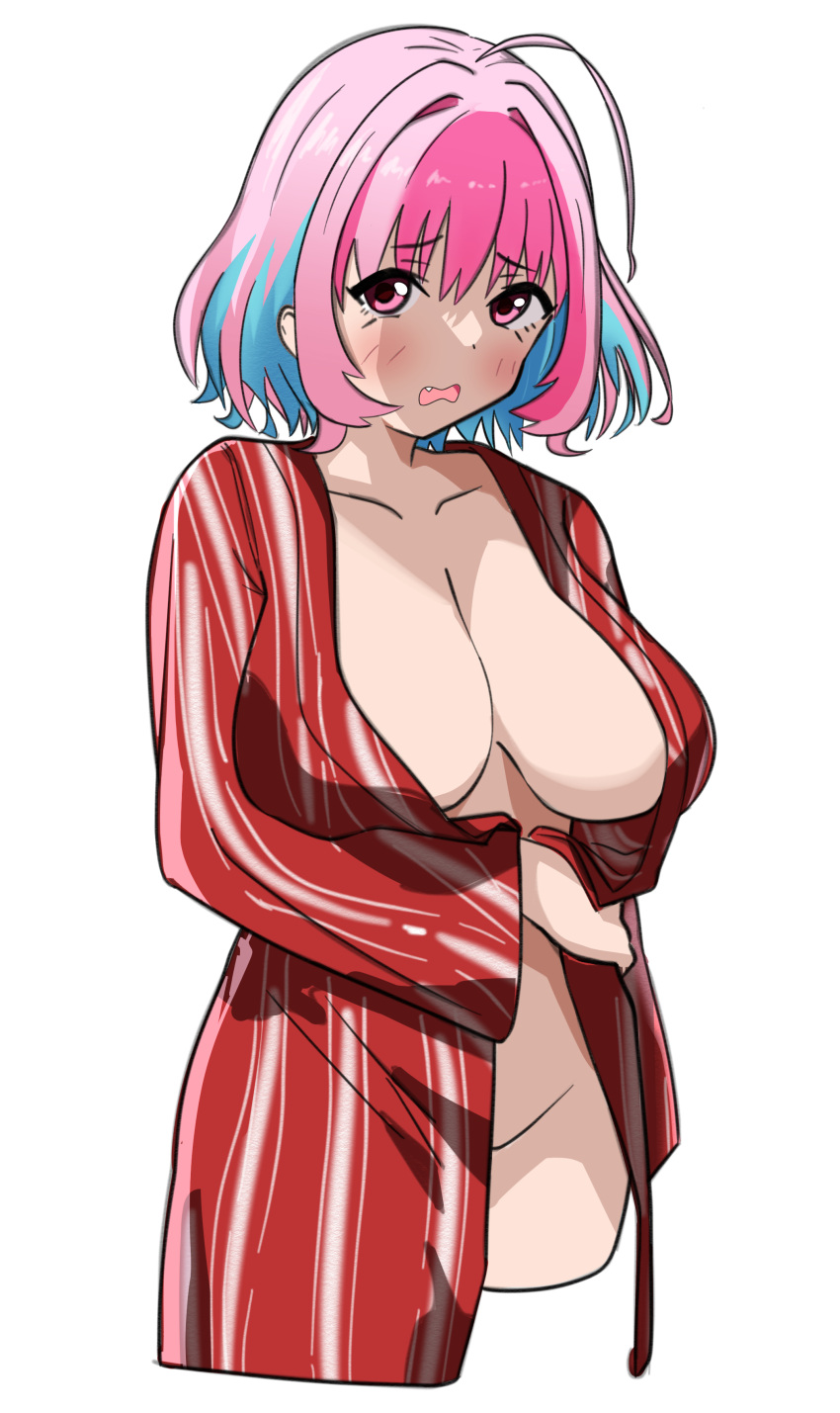 1girl absurdres ahoge blue_hair blush breasts collarbone commentary crossed_legs eyebrows_visible_through_hair fang groin hair_intakes highres idolmaster idolmaster_cinderella_girls japanese_clothes kimono large_breasts long_sleeves looking_at_viewer mitche multicolored_hair naked_kimono open_clothes open_kimono open_mouth pink_eyes pink_hair raised_eyebrows red_kimono shiny shiny_hair simple_background solo striped striped_kimono thighs two-tone_hair vertical-striped_kimono vertical_stripes yukata yumemi_riamu