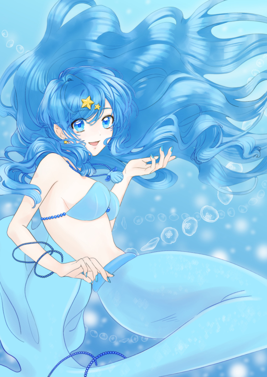 1girl absurdres blue_background blue_eyes blue_hair blue_nails bracelet breasts bubble curly_hair earrings fish_tail floating floating_hair hair_between_eyes hair_ornament highres houshou_hanon in_water jellyfish jewelry long_hair looking_at_viewer mermaid mermaid_melody_pichi_pichi_pitch monster_girl necklace ocean open_mouth pearl_bracelet pearl_necklace pixiv shell shell_bikini smile solo star_(symbol) star_earrings star_hair_ornament tail tomato71813 underwater waves