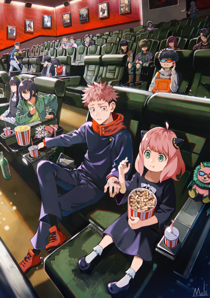 3d_glasses 4girls 6+boys absurdres anya_(spy_x_family) brother_and_sister character_request copyright_request cup director_chimera_(spy_x_family) disposable_cup drinking_straw flower food franky_franklin highres itadori_yuuji jujutsu_kaisen kyuuba_melo mahito_(jujutsu_kaisen) mother_and_daughter movie_poster movie_theater multiple_boys multiple_girls peanut popcorn seat security_guard siblings spy_x_family stuffed_animal stuffed_toy theater torn_clothes uncle_and_niece yor_briar yoshino_junpei yuri_briar