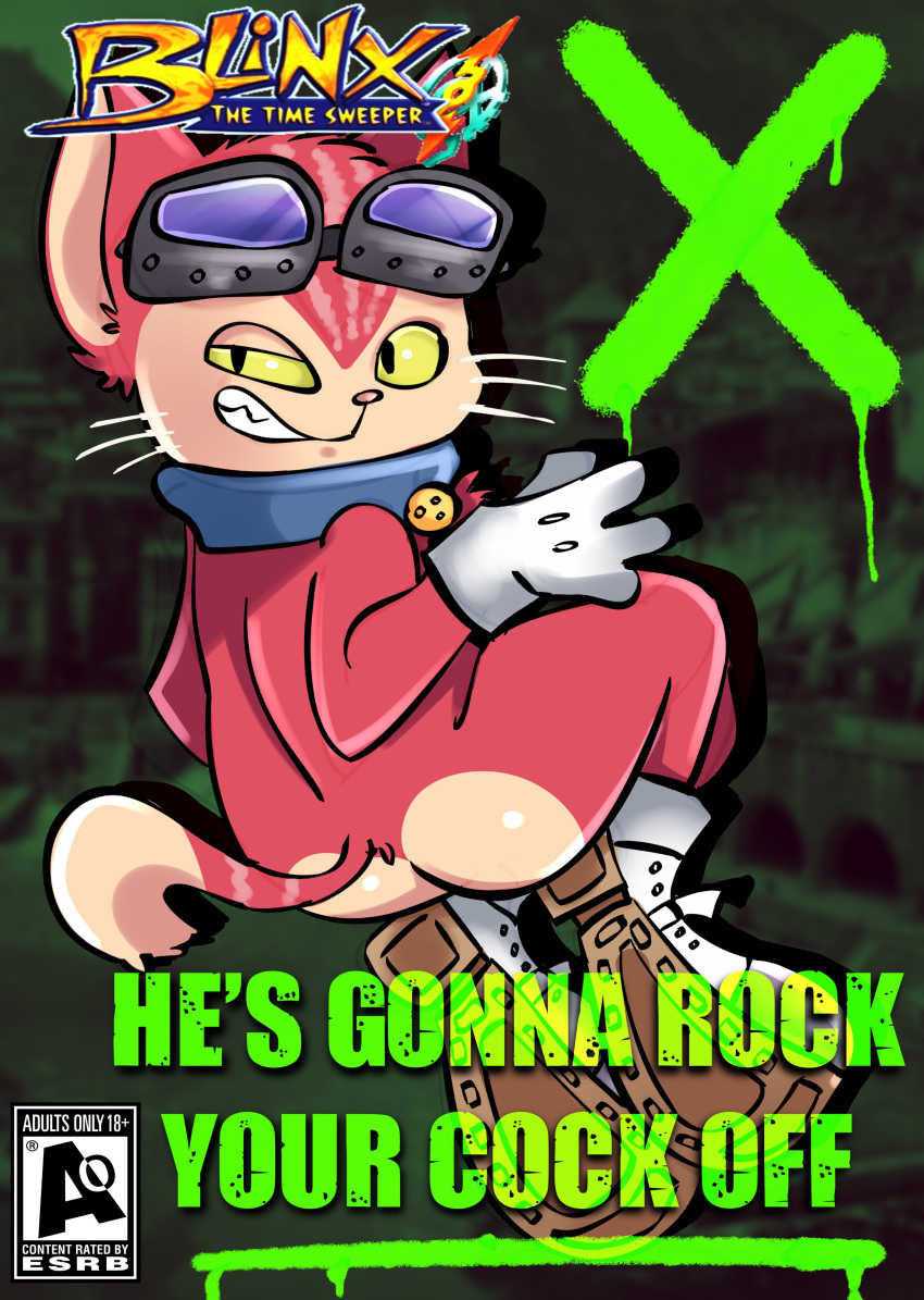 absurd_res anthro blinx blinx_the_time_sweeper butt collar domestic_cat english_text eyewear felid feline felis fur game_cover goggles green_eyes grin hi_res looking_back male mammal microsoft nude orange_body orange_fur salamikii smile solo text video_games xbox_game_studios