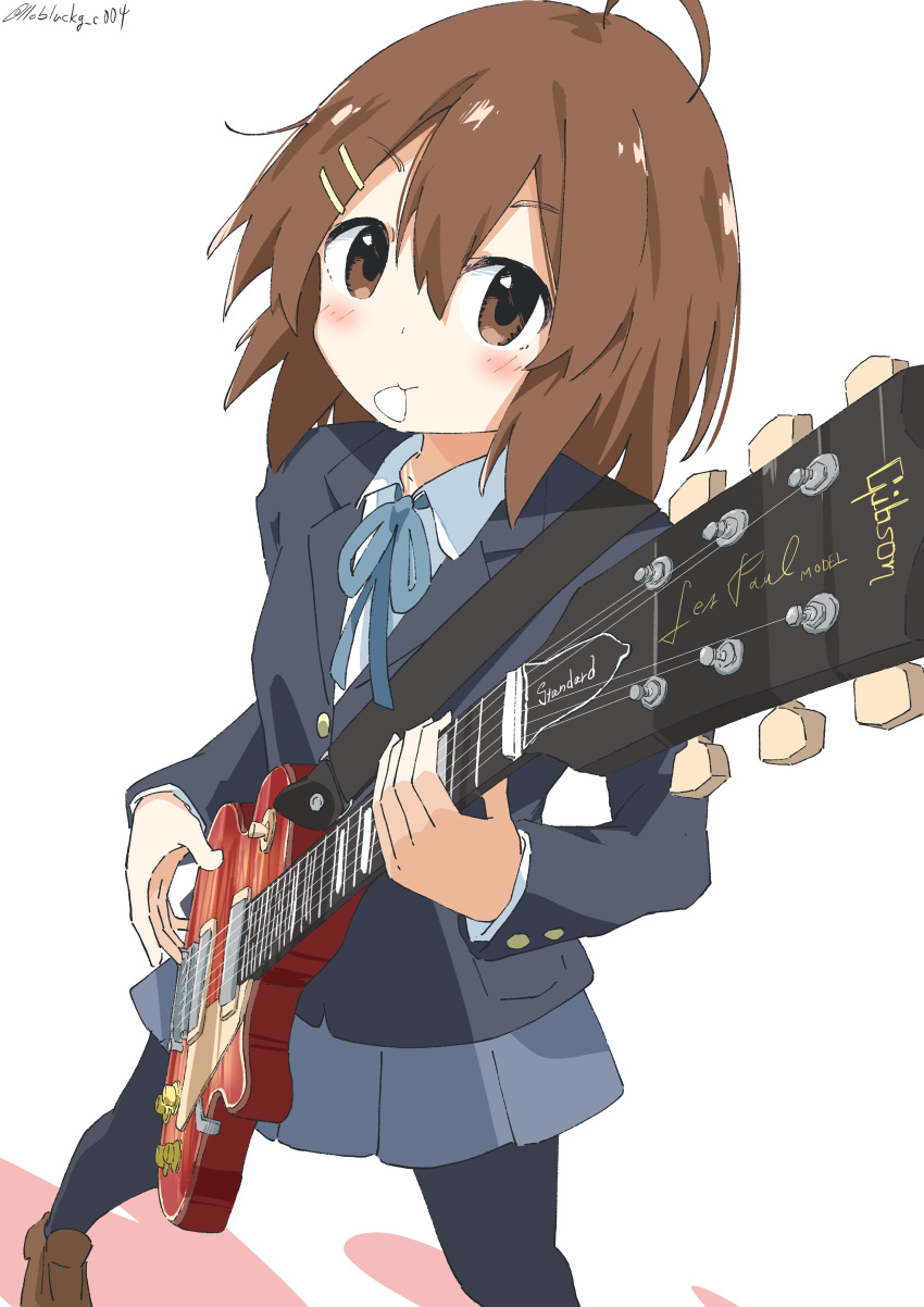 1girl absurdres ahoge artist_name bangs black_legwear blazer blue_jacket blue_ribbon blue_skirt blush brown_eyes brown_footwear brown_hair commentary_request cynical_(llcbluckg_c004) electric_guitar eyebrows_visible_through_hair guitar hair_ornament hairclip highres hirasawa_yui holding holding_instrument instrument jacket k-on! loafers long_sleeves looking_at_viewer neck_ribbon pantyhose ribbon sakuragaoka_high_school_uniform school_uniform shirt shoes short_hair simple_background skirt standing twitter_username watermark white_background white_shirt