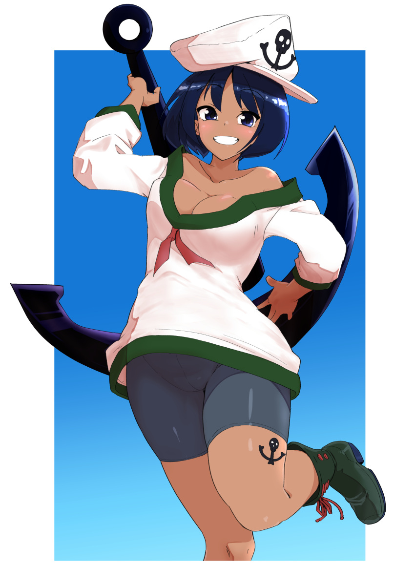 1girl absurdres anchor anchor_symbol bangs bike_shorts black_shorts blue_eyes blue_hair blush boots breasts cleavage commentary_request cookie_(touhou) dark-skinned_female dark_skin eyebrows_visible_through_hair foot_out_of_frame green_footwear grin hat highres long_sleeves looking_at_viewer medium_breasts milk_(cookie) murasa_minamitsu neckerchief red_neckerchief remote_controller_4 sailor_collar sailor_hat sailor_shirt shirt short_hair shorts smile solo touhou