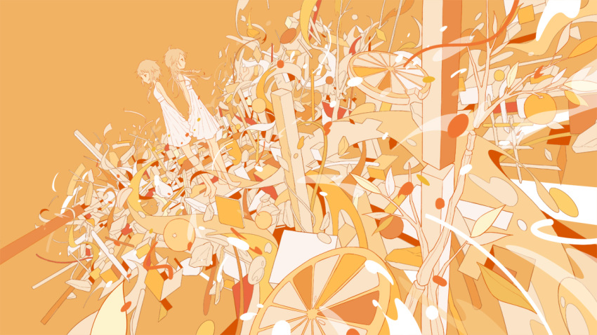 2girls arms_behind_back back-to-back barefoot blonde_hair braid cevio citrus_(vocaloid) commentary dress dutch_angle floating floating_hair floating_object food from_side fruit hebitsukai ia_(vocaloid) leaf monochrome multiple_girls official_art one_(cevio) orange_(fruit) orange_ribbon orange_slice orange_theme ribbon standing vocaloid white_dress wide_shot wind wind_lift