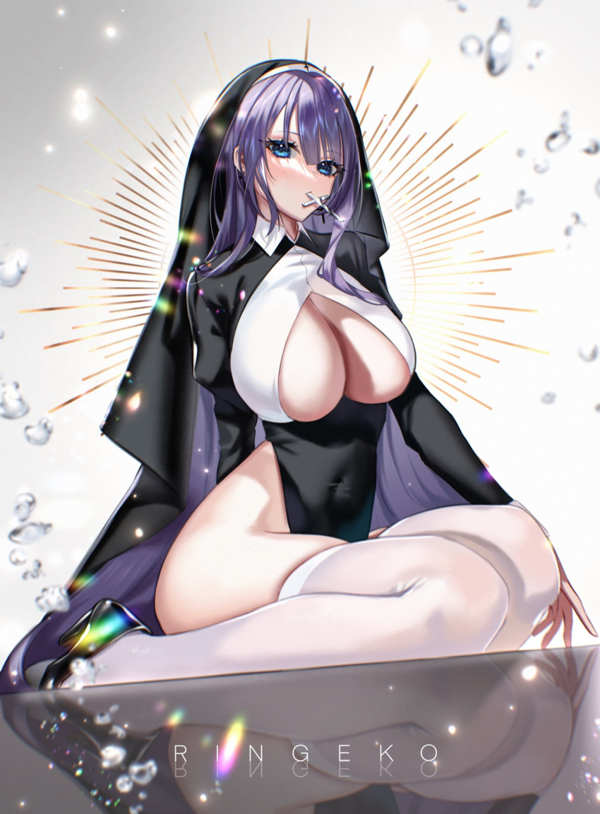 black_dress blue_eyes breast_cutout breasts cleavage_cutout clothing_cutout collar cross dress eyebrows_visible_through_hair headdress high_heels highres kneeling large_breasts leg_cutout navel nun original purple_hair ringeko-chan seiza sitting white_background yuna_(biya_(1024))