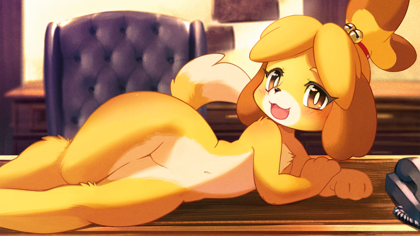 1girl :3 ancesra animal_crossing animal_ears animal_hands animal_nose arm_support bangs bell blonde_hair blurry blurry_background blush body_fur bright_pupils brown_hair chair commentary completely_nude corded_phone desk dog_ears dog_girl dog_tail english_commentary fang flat_chest furry furry_female hair_bell hair_ornament hair_tie happy highres indoors isabelle_(animal_crossing) jingle_bell legs_together looking_at_viewer lying multicolored_hair navel no_nipples no_pussy non-web_source nude on_desk on_side open_mouth parted_bangs phone short_hair smile snout solo stomach tail tongue topknot two-tone_fur two-tone_hair white_fur white_pupils wide_hips yellow_eyes yellow_fur