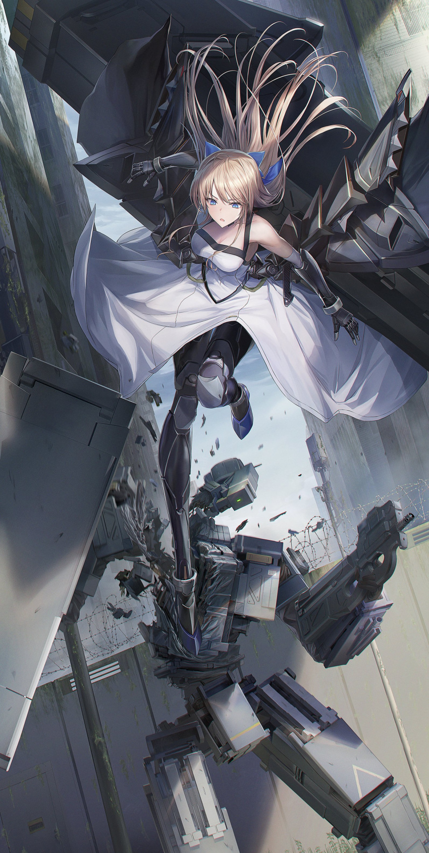 1girl 1other absurdres barbed_wire blonde_hair blue_eyes breasts bullpup cleavage flying_kick gun hair_ribbon highres holding holding_gun holding_weapon jewelry kicking landing morichika_shuuto necklace original p90 ribbon robot submachine_gun wall weapon