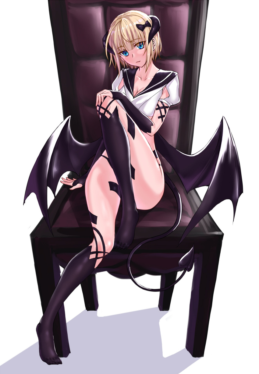 1girl bangs black_bow black_gloves black_legwear black_panties black_wings blonde_hair blue_eyes blunt_bangs bow breasts chair chinese_commentary cleavage closed_mouth commentary_request crop_top demon_girl demon_horns demon_tail demon_wings eyebrows_visible_through_hair fingerless_gloves full_body gloves hair_bow highres horns kneehighs looking_at_viewer medium_breasts no_shoes original panties sailor_collar shirt short_hair short_sleeves sitting solo tail underwear white_background white_shirt wings yeklsa