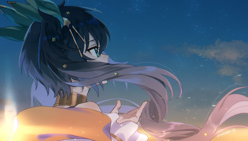 1girl collar dark_blue_hair detached_sleeves green_eyes hair_ornament hair_ribbon highres lilly_(riri_zuran) long_hair original ribbon rozu_ki sky solo star_(sky) star_(symbol) star_hair_ornament star_ornament starry_sky sunset twintails