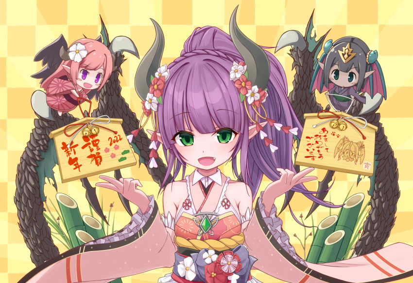 2022 3girls :d akeome bamboo bangs bare_shoulders black_hair blunt_bangs blush_stickers braid checkered_background chibi chibi_inset commentary_request demon_girl demon_horns demon_wings detached_sleeves double_v eithne_(sennen_sensou_aigis) ema ethnea_(sennen_sensou_aigis) eyebrows_visible_through_hair fang flower green_eyes hair_flower hair_ornament hands_up happy_new_year harmonia_(sennen_sensou_aigis) highres horn_flower horn_ornament horn_ring horns japanese_clothes kadomatsu kimono koyagi light_blush long_hair long_sleeves looking_at_viewer multiple_girls obi pink_hair pink_kimono pointy_ears ponytail purple_eyes purple_hair sash scales sennen_sensou_aigis smile spiked_wings upper_body v wide_sleeves wings yellow_background yukata