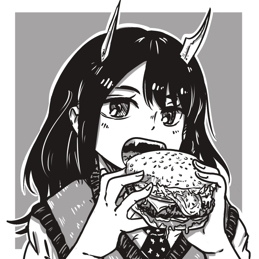 1girl aoki_ruri black_hair blush burger cheese dragon_girl dragon_horns eating eyelashes fang fangs fast_food food food_focus greyscale highres holding holding_food horns ketchup lettuce meat monochrome necktie ruri_dragon school_uniform short_hair shounen_jump simple_background solo tomato trentin