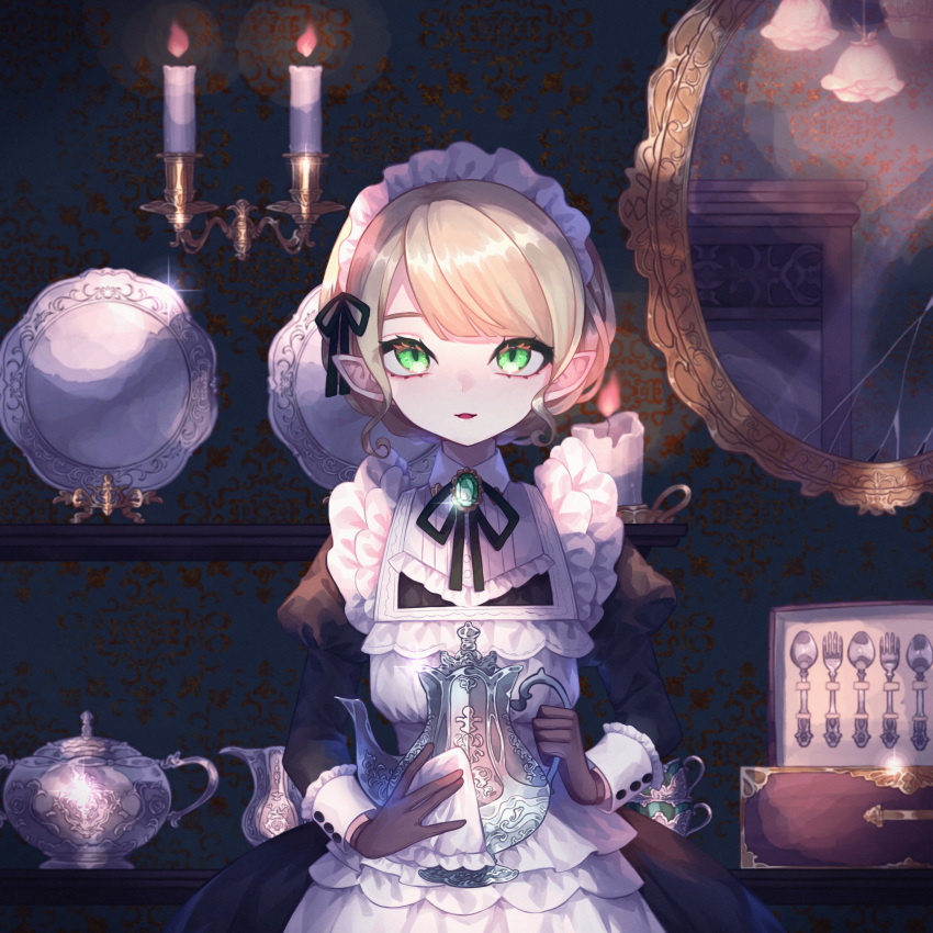 1girl absurdres akikawa_higurashi apron bangs blonde_hair blunt_bangs box braid brooch candle ceiling_light cracked_glass cup dress fire fork frills gem gold green_eyes hair_ribbon highres holding holding_teapot indoors jewelry juliet_sleeves long_sleeves looking_at_viewer maid maid_headdress mirror neck_ribbon open_mouth original parted_lips pitcher plate pointy_ears polishing puffy_sleeves reflection ribbon shelf shiny short_hair smile solo sparkle spoon swept_bangs teacup teapot thick_eyebrows wallpaper_(object)