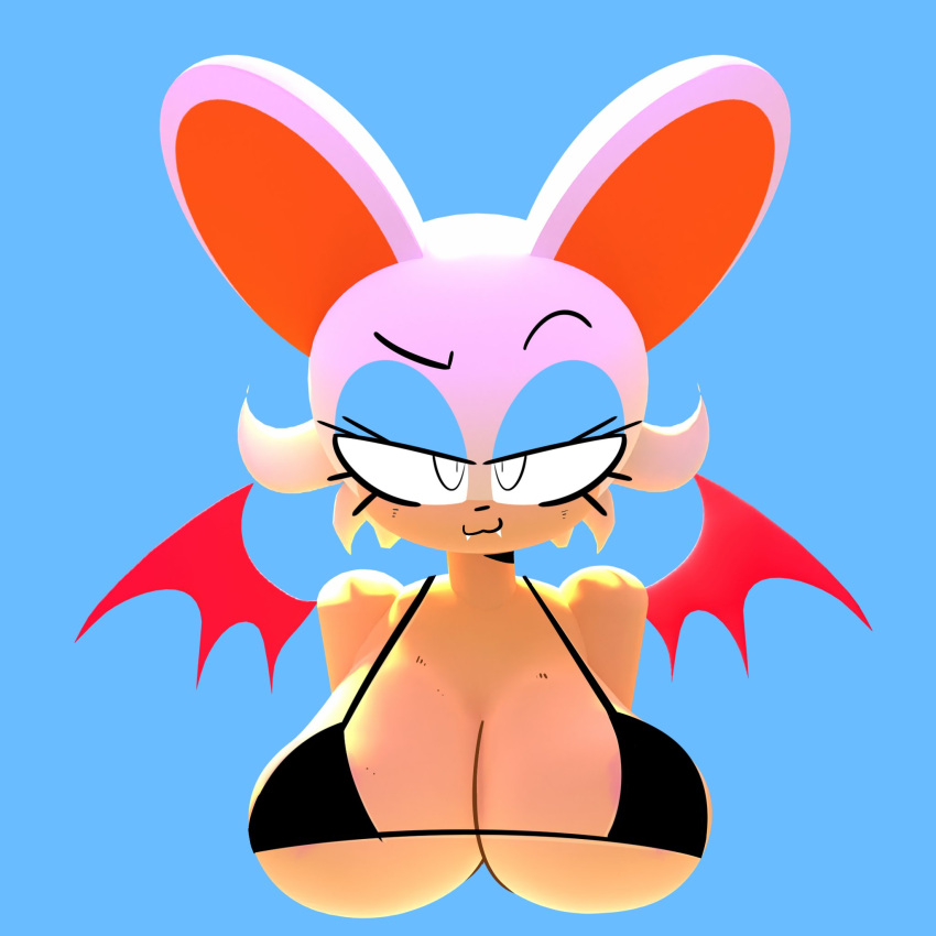 2022 anthro bedroom_eyes big_breasts bra breasts cassette_spicy chiropteran cleavage clothed clothing female handwear hi_res mammal membrane_(anatomy) membranous_wings narrowed_eyes rouge_the_bat seductive sega simple_background smile smiling_at_viewer solo sonic_the_hedgehog_(series) suntan tan_line underwear video_games wings