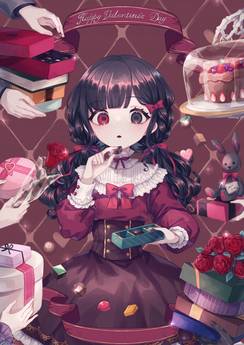 1girl absurdres akikawa_higurashi bangs banner black_eyes black_hair blunt_bangs blush book book_stack bouquet bow box box_of_chocolates braid cake candy chocolate collared_shirt collet_(akikawa_higurashi) disembodied_limb dress dress_bow english_text flower food frills gem gift_tag hair_bow hair_ribbon hand_up happy_valentine hat_box heterochromia high_collar highres holding holding_book holding_box holding_cake holding_chocolate holding_flower holding_food long_hair long_sleeves looking_at_viewer neck_ribbon original parted_lips red_eyes ribbon rose shiny shirt skeletal_hand sleeve_cuffs solo_focus sparkle stuffed_animal stuffed_bunny stuffed_toy twintails underbust wrapper