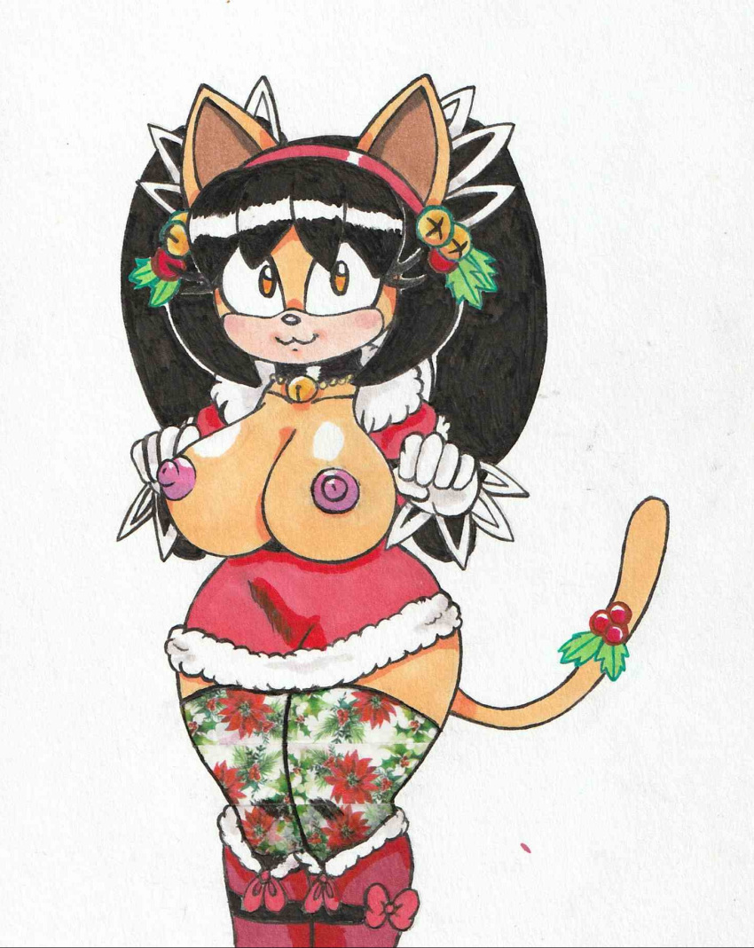 accessory anthro areola bell big_breasts black_hair bow_(disambiguation) breasts cat_smile choker christmas christmas_clothing clothing domestic_cat dress exposed_breasts eyelashes felid feline felis female footwear fur furgonomics gloves hair handwear hi_res holidays honey_the_cat jewelry legwear looking_at_viewer mammal mistletoe necklace nipples pattern_clothing pattern_legwear pattern_stockings pigtails pink_areola pink_nipples plant red_bow red_clothing red_dress red_footwear red_shoes sega shoes simple_background solo sonic_the_fighters sonic_the_hedgehog_(series) stockings tail_accessory tan_body tan_fur thick_thighs twintails_(hairstyle) vampiricpig white_background white_clothing white_gloves white_handwear wide_hips yellow_eyes