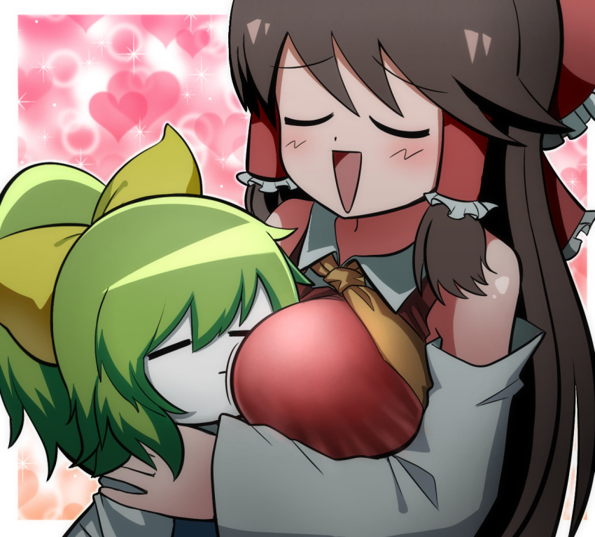 2girls bangs between_breasts blush bow breasts brown_hair closed_eyes closed_mouth colored_skin commentary_request cookie_(touhou) daiyousei detached_sleeves diyusi_(cookie) face_between_breasts frilled_bow frilled_hair_tubes frills green_hair hair_bow hair_tubes hakurei_reimu head_between_breasts heart kusaremix large_breasts long_hair medium_hair multiple_girls necktie noel_(cookie) open_mouth ponytail red_bow red_shirt shirt sleeveless sleeveless_shirt touhou upper_body white_shirt white_skin white_sleeves yellow_bow yellow_necktie yuri