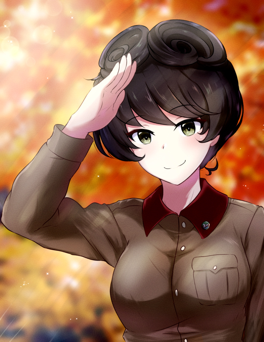 1girl absurdres armorganger brown_hair brown_jacket chi-hatan_military_uniform commentary eyebrows_visible_through_hair girls_und_panzer green_eyes hair_rings highres hosomi_shizuko jacket long_sleeves salute short_hair smile solo upper_body