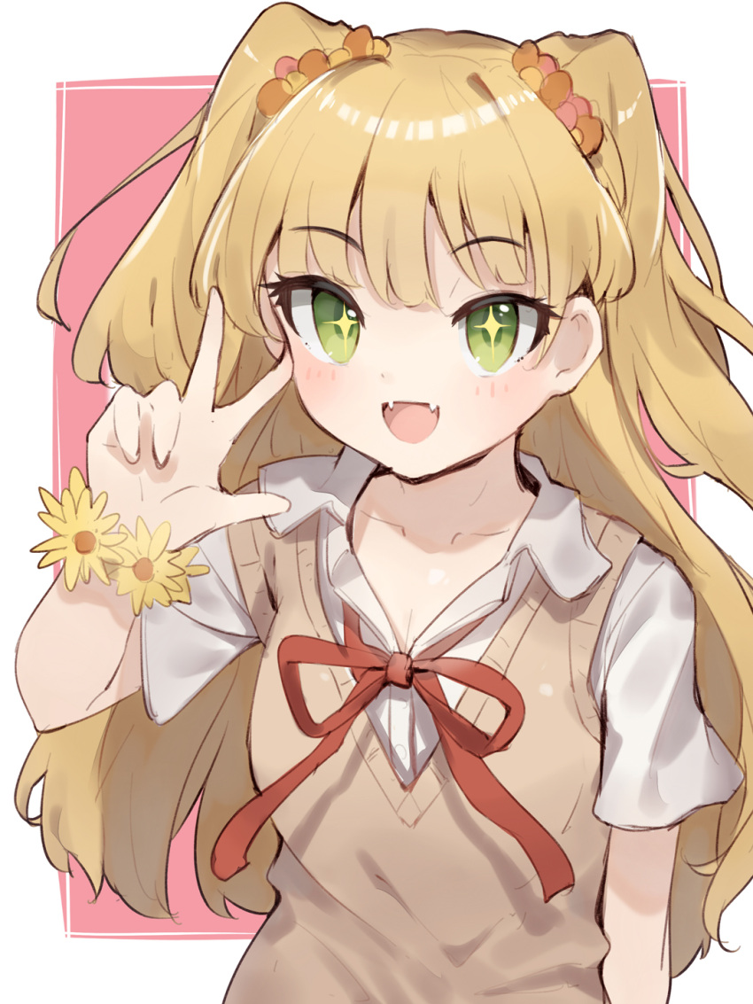 +_+ 1girl :d bangs blonde_hair collarbone commentary eyebrows_visible_through_hair fangs green_eyes hair_ornament hair_scrunchie highres idolmaster idolmaster_cinderella_girls jougasaki_rika long_hair looking_at_viewer neck_ribbon open_mouth red_ribbon ribbon scrunchie shirt shone short_sleeves simple_background smile solo two_side_up upper_body vest w white_shirt