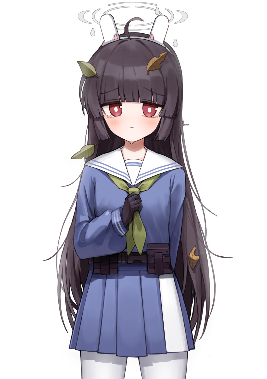 1girl :&lt; absurdres ahoge bangs black_gloves black_hair blue_archive blue_serafuku blue_shirt blue_skirt blush chipong closed_mouth commentary eyebrows_visible_through_hair gloves green_neckerchief halo headgear highres leaf leaf_on_head long_hair looking_at_viewer miyu_(blue_archive) neckerchief pantyhose pleated_skirt red_eyes sailor_collar school_uniform serafuku shirt simple_background skirt solo tears very_long_hair white_background white_legwear white_sailor_collar