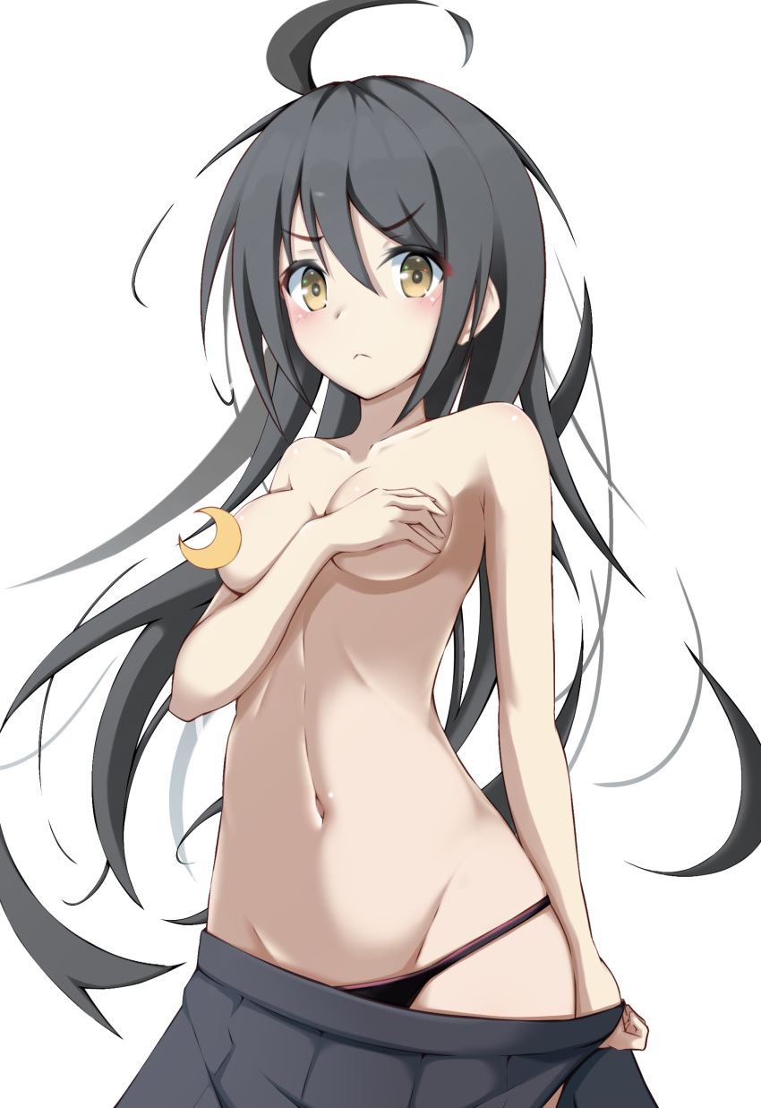 1girl absurdres ahoge black_hair black_panties black_skirt blush breasts censored censored_nipples covering covering_breasts crescent_moon emoji_censor eyebrows_visible_through_hair frown hair_between_eyes highres honma_(honmatomohiro) kantai_collection long_hair looking_at_viewer mikazuki_(kancolle) moon navel panties simple_background skirt small_breasts solo topless underwear white_background